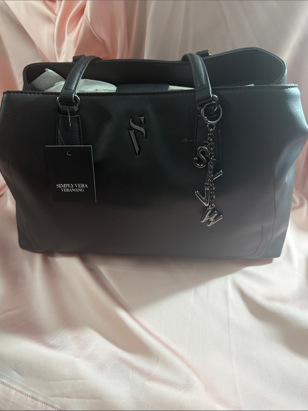 Vera Wang Black Vegan Leather Purse with Logo Charm
